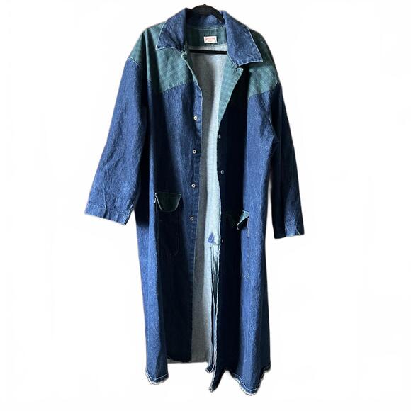 Vtg 80s Men's Long Denim Duster Coat‎ Plaid Cape Handmade